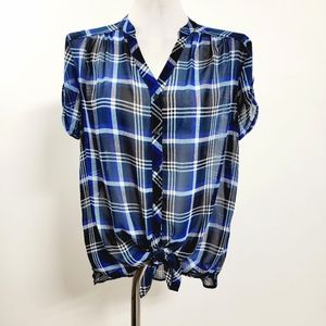 Express Small Blue Plaid Short Sleeve Button Up Sheer Top